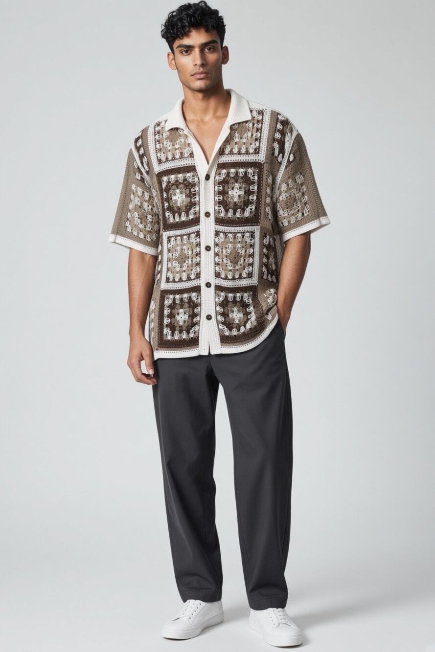 Morse Code Mens XL Crochet Granny Square Button-Down Shirt Brown Cream